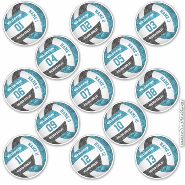 set of 13 girly teal black volleyball player names (Front)