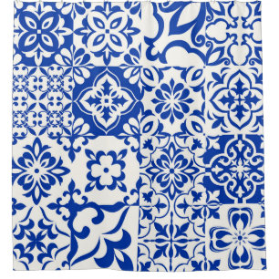Set of 16 tiles Azulejos in blue, white. Original Shower Curtain
