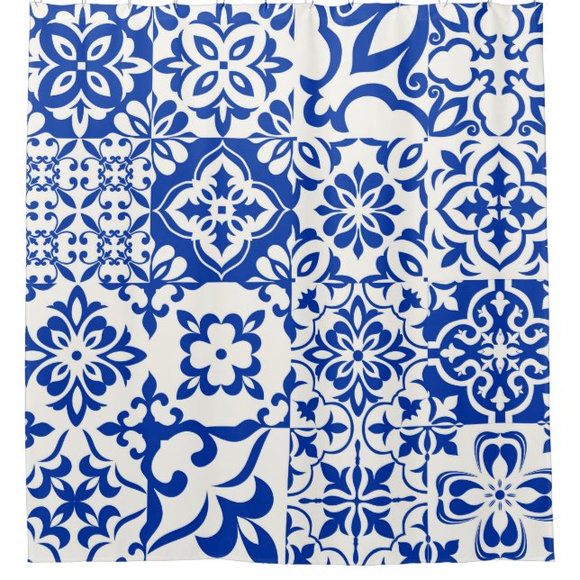 Set of 16 tiles Azulejos in blue,  white. Original Shower Curtain (Front)