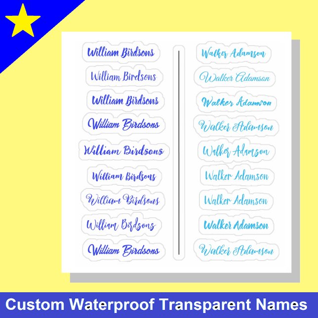 (Set of 18) Blue Transparent Simple Name Stickers (Waterproof name stickers
Kids label set)