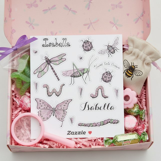 Set of 18 Pretty Blush Pink Sweet Little Critter  (Pink and Green Insect Stickers for Bugs Theme Birthday for Kids. Butterfly, Dragonfly, Ladybug, Bee)