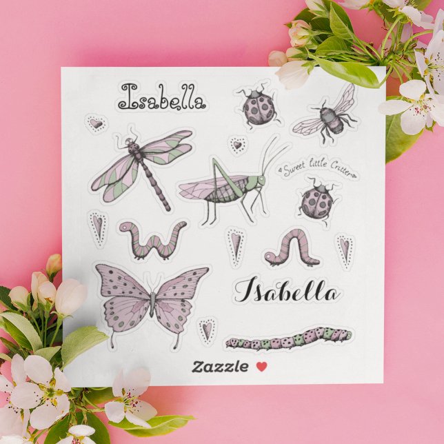 Set of 18 Pretty Blush Pink Sweet Little Critter  (Adorable, girly ink drawing stickers of the cutest insects with 2 name stickers in Black.)