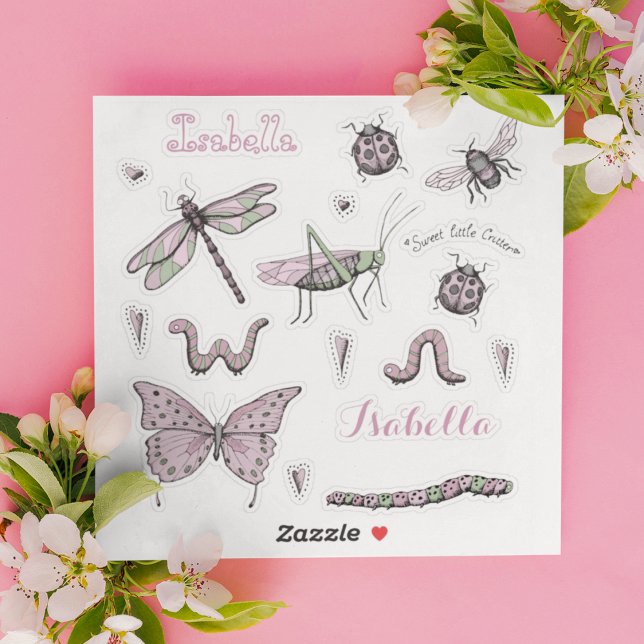 Set of 18 Pretty Blush Pink Sweet Little Critter  (Adorable, girly ink drawing stickers of the cutest insects with 2 name stickers in Blush Pink.)