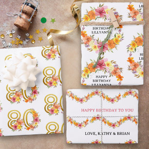 Set of 3 80th Birthday and Any Age Colorful Floral Wrapping Paper Sheet