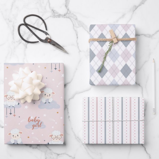 Set of 3-Baby Lambs,Argyle,Stripes Pink Grey White Wrapping Paper Sheet (Front)