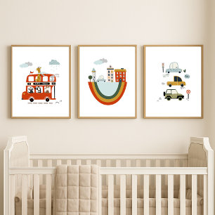 Set of 3 Baby Nursery Artwork Cute Animals Cars