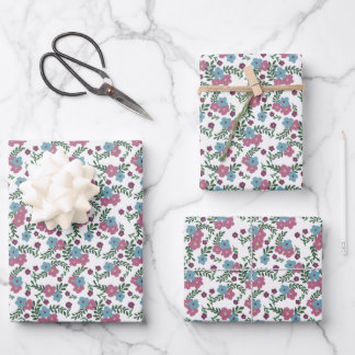 Set of 3-Boho Floral Pattern in Pink, Taupe & Teal Wrapping Paper Sheet