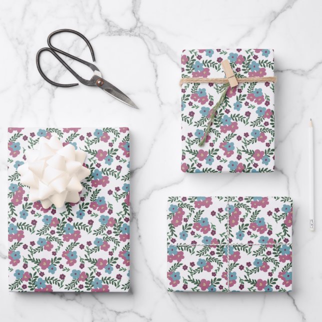 Set of 3-Boho Floral Pattern in Pink, Taupe & Teal Wrapping Paper Sheet (Front)