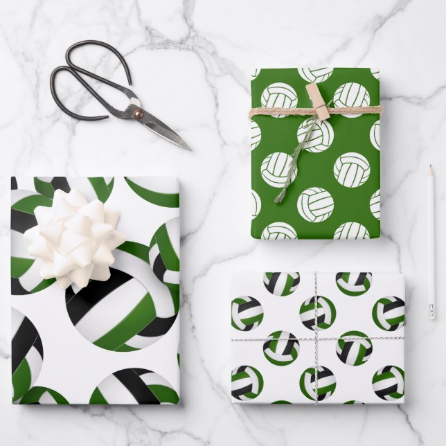 set of 3 coordinating green black volleyballs wrapping paper sheet (Front)