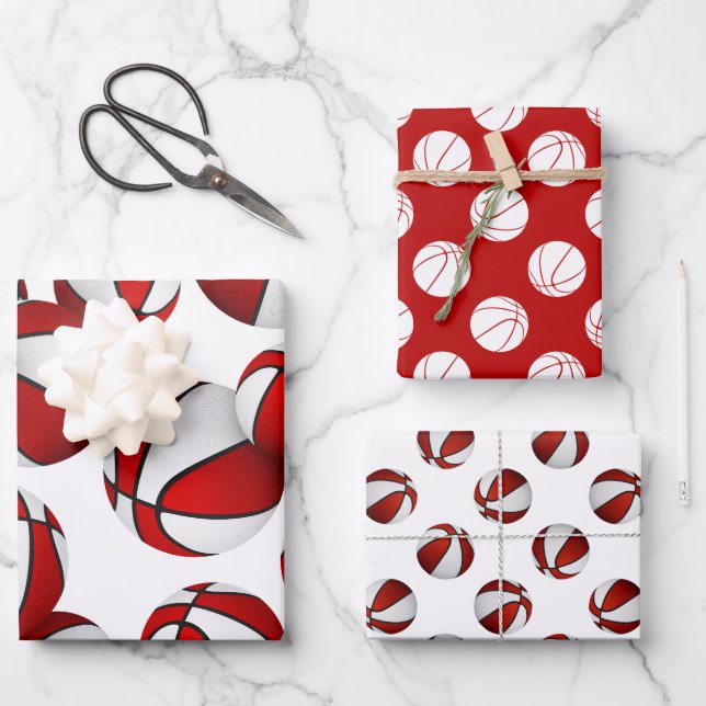 set of 3 coordinating red team colours basketball wrapping paper sheet (Front)