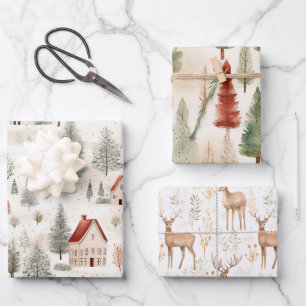 Set of 3 Country Whimsical Woodsy  Wrapping Paper Sheet