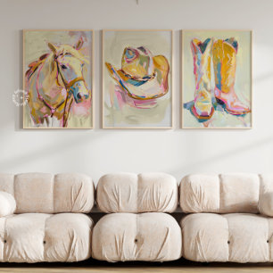 Set of 3 Cowgirl Boot Hat Horse Western Prints