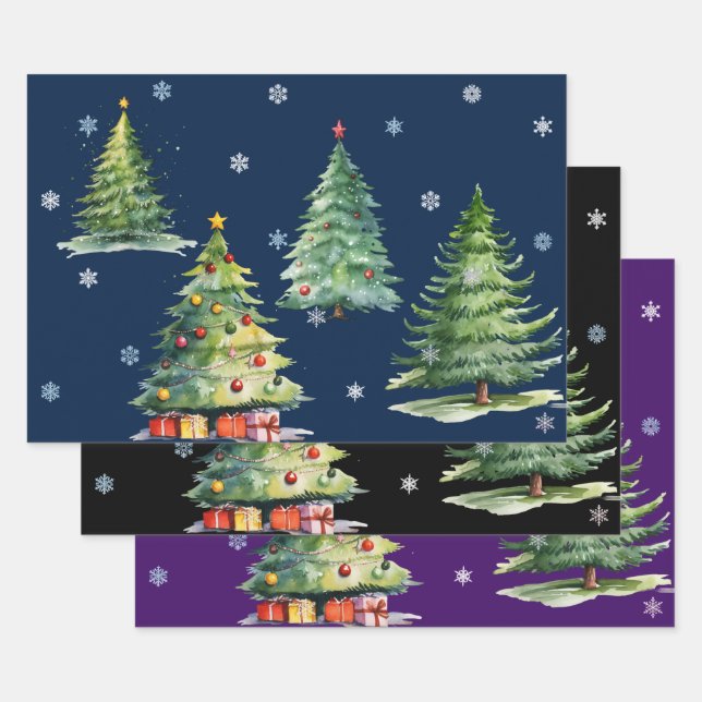 Set of 3 Elegant Night Christmas Tree Gift Wraps Wrapping Paper Sheet (Set)