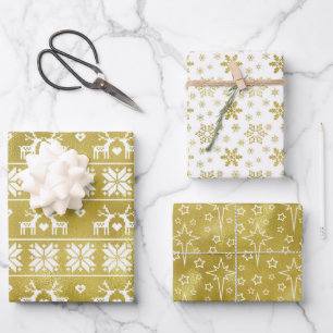 Set of 3 Gold Foil Snowflakes, Stars and Reindeer Wrapping Paper Sheet