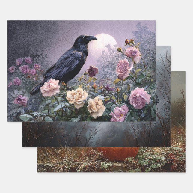 Set of 3 Gothic Raven Scenes Decoupage Wrapping Paper Sheet (Set)