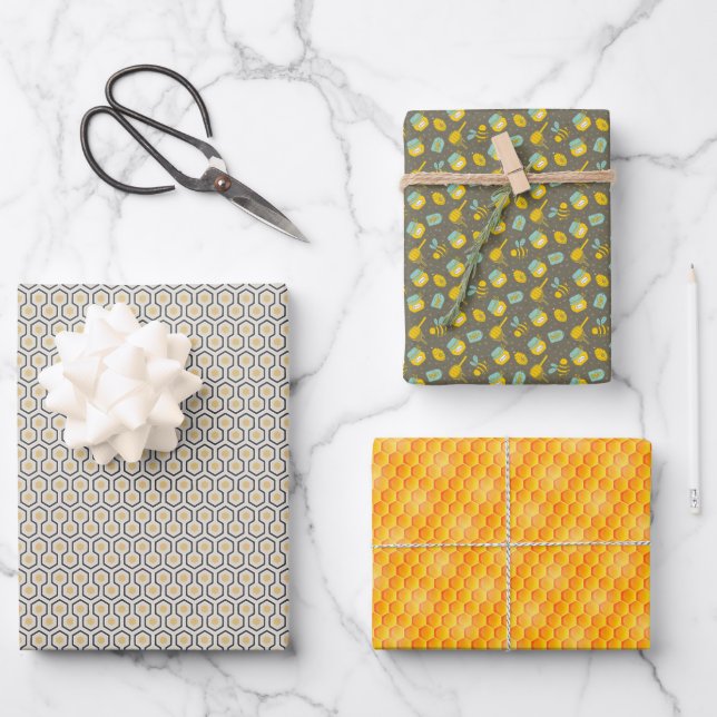 Set of 3 Honeycomb and Bees Wrapping Paper Sheet (Front)