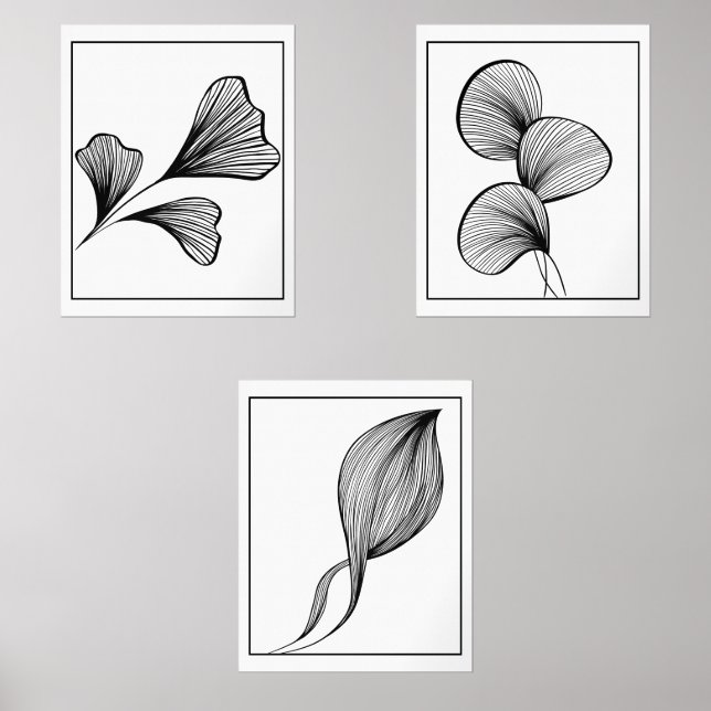 Set of 3 Minimalist Leaf Line Art Prints (Front)