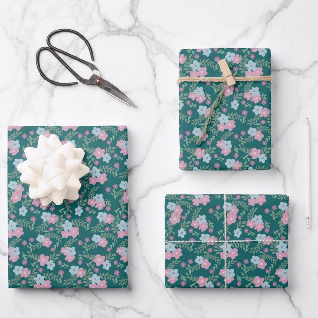 Set of 3 - Pink & Blue Floral on Teal – Modern Wrapping Paper Sheet (Front)