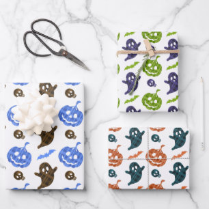  Set Of 3 Pumpkins & Ghosts Wrapping Paper