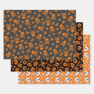 Set of 3 Skull and Crossbones Pumpkin Orange Wrapping Paper Sheet
