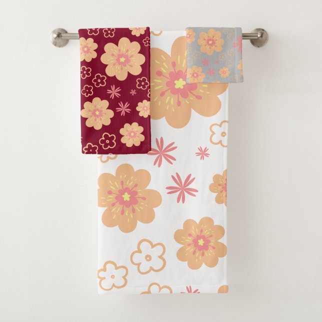 Set of 3 Unique Retro Flower Bath Towels (Insitu)