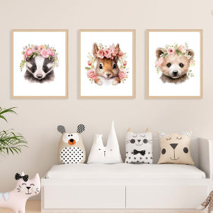 Set Of 3 Woodland Animals Pink Girl Nursery Prints