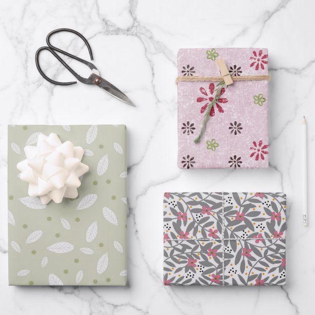 Set of 3 Wrapping Papers in florals and leaves  Paper Sheet (Front)