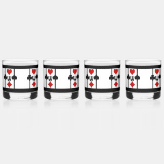 Set of 4 Art Deco Playing Card Suits with Monogram Whiskey Glass