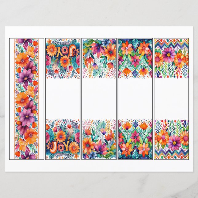 Set of 5 Boho floral border bookmarks (Front)