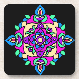 Set of 6 Cork Coasters with Bright Rangoli Pattern