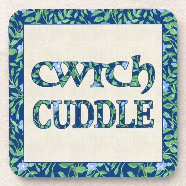 Set of 6 Cork Coasters with Welsh Cwtch and Cuddle (Front)