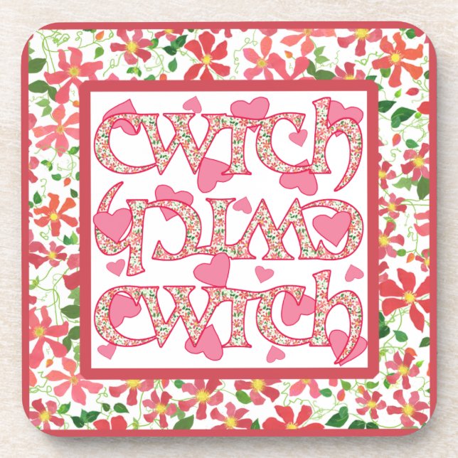 Set of 6 Cork Coasters with Welsh Cwtch and Hearts (Front)