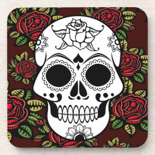 Set of 6 drink coasters Retro red roses skull