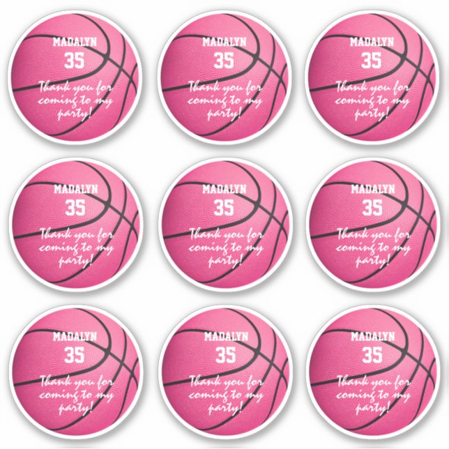 set of 9 pink basketball party sports favour label (Front)