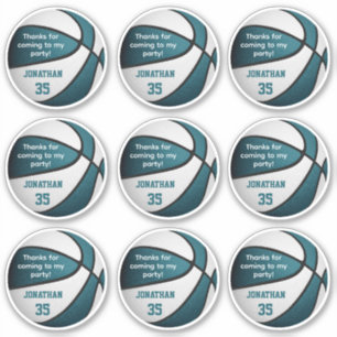 set of 9 teal white basketball party favour label