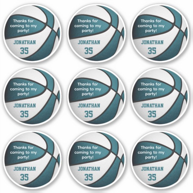 set of 9 teal white basketball party favour label (Front)