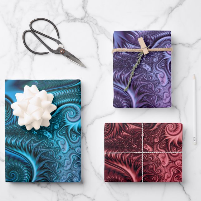 Set of Blue Lilac and Carmine Spiral Pattern  Wrapping Paper Sheet (Front)