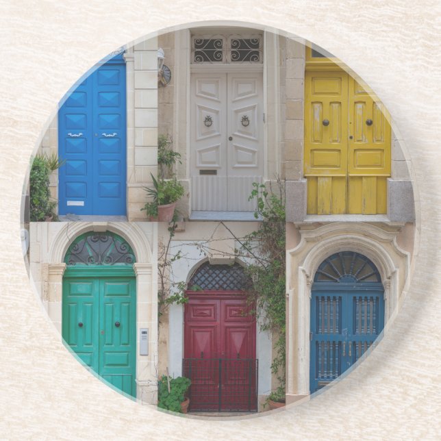 Set of colourful front doors in Malta Coaster (Front)