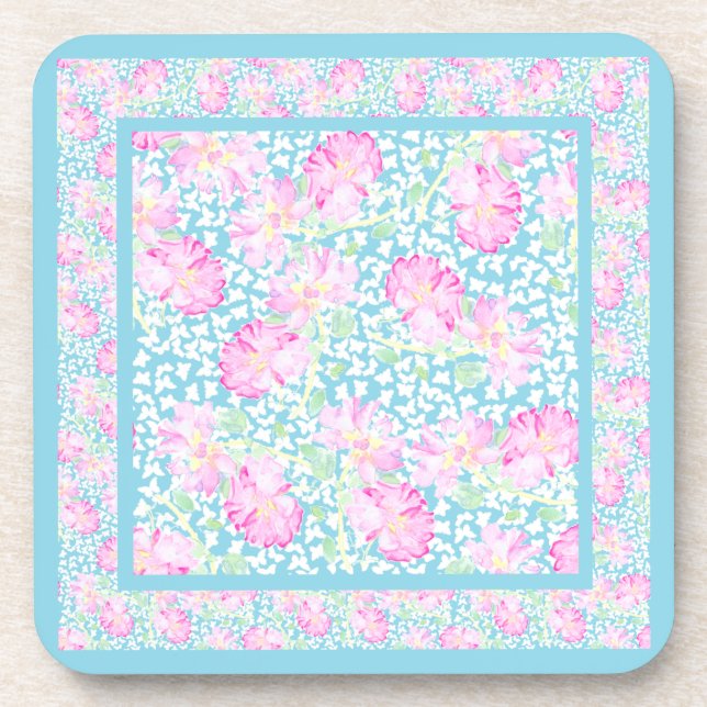 Set of Cork Coasters: Pink Roses White Butterflies Coaster (Front)