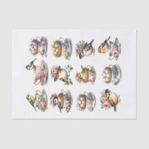 Set of Cute Birds with Hats Sitting in Tea Cups Tissue Paper