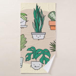 Set of cute house plants in pots. Colourful botani Bath Towel