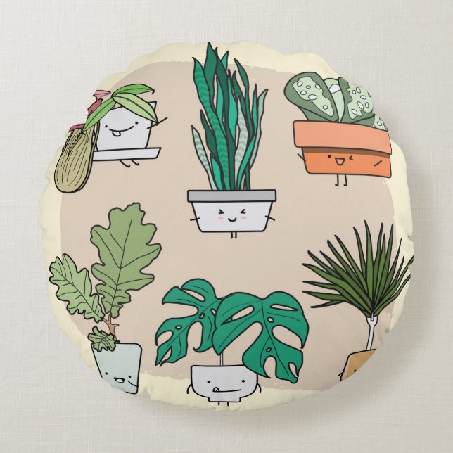 Set of cute house plants in pots. Colourful botani Round Cushion (Front)