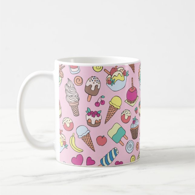 Set of different sweets. Seamless doodle pattern w Coffee Mug (Left)
