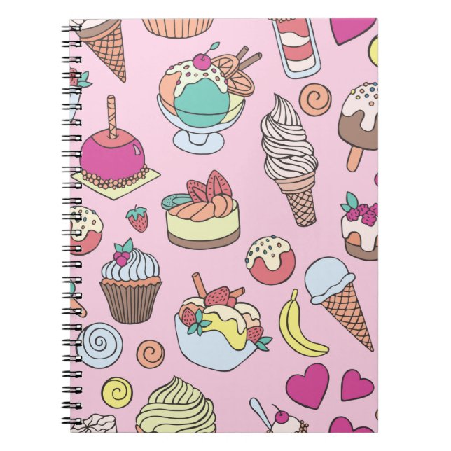 Set of different sweets. Seamless doodle pattern w Notebook (Front)