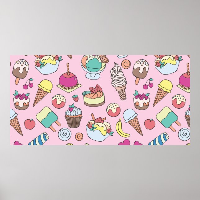Set of different sweets. Seamless doodle pattern w Poster (Front)