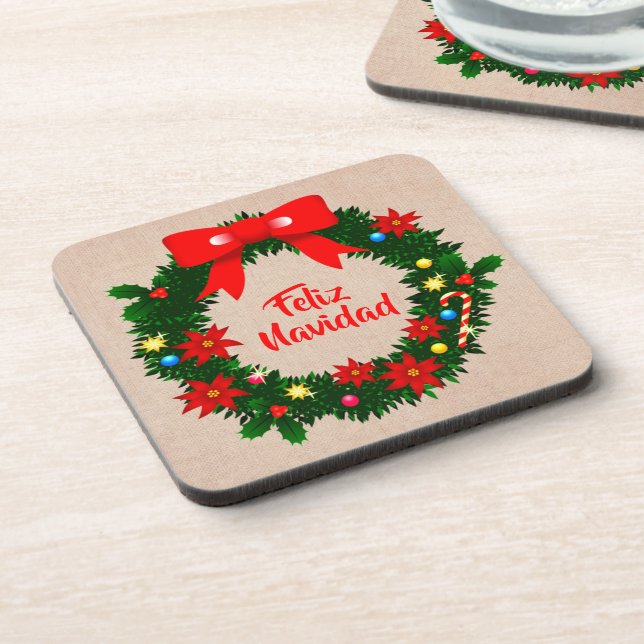 Set of Feliz Navidad Merry Christmas Plastic, Cork Coaster (Left Side)