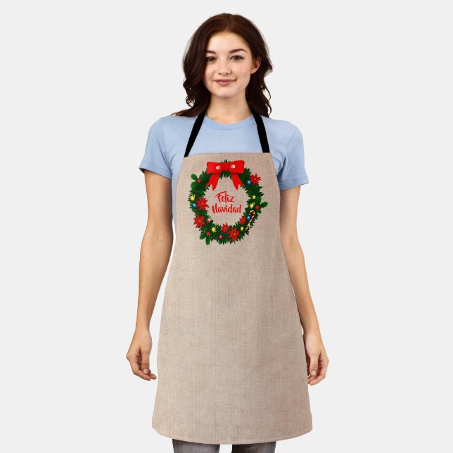 Set of Feliz Navidad Merry Christmas Wreath Bow Apron (Worn)