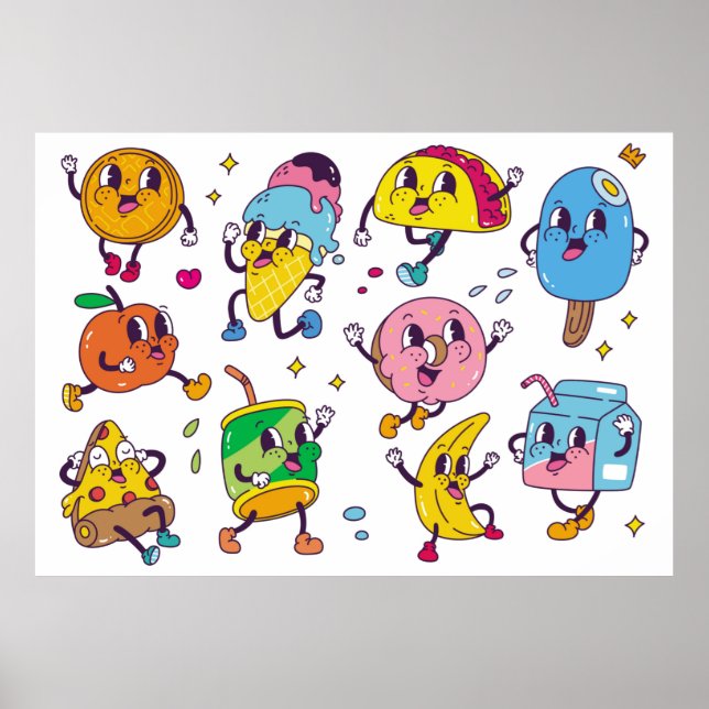 Set of food and drink in retro cartoon style illus poster (Front)