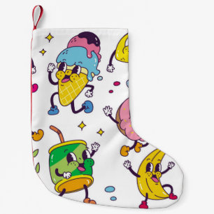 Set of food and drink in retro cartoon style illus small christmas stocking