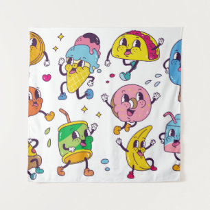 Set of food and drink in retro cartoon style illus tapestry